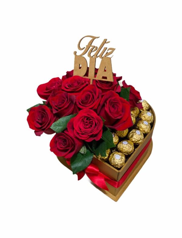 Corazon de Rosas Rojas + Bombones + Topper " Feliz Dia"