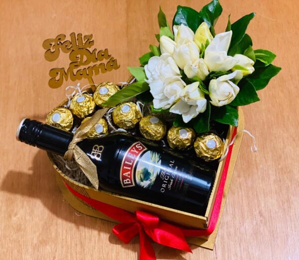 Box Baileys 750 ml + Bombones + Jazmines + Topper " Feliz Dia Mama"