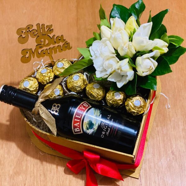 Box Baileys 750 ml + Bombones + Jazmines + Topper " Feliz Dia Mama"