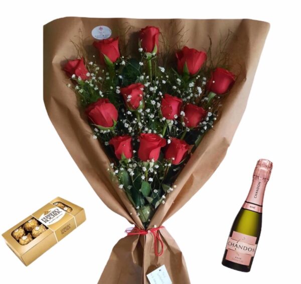 12 Rosas Rojas + Bombones + Chandon Rose 187 ml