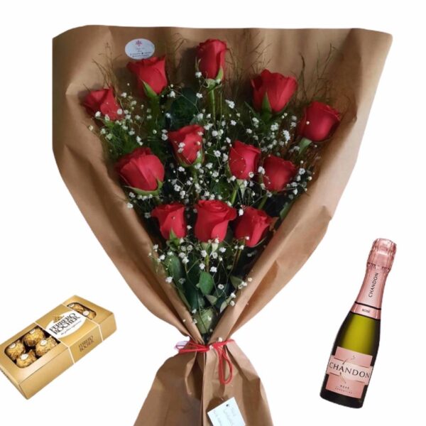 12 Rosas Rojas + Bombones + Chandon Rose 187 ml