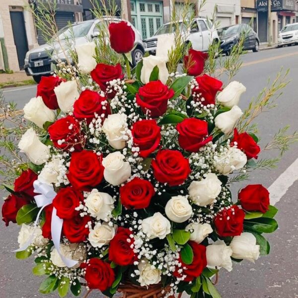 Canasta Premium con 50 Rosas Importadas (Rojas y Blancas)