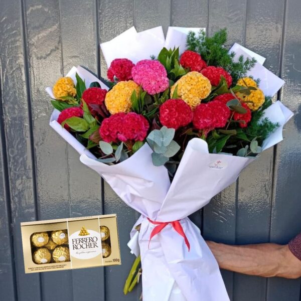 Ramo de Flores de Terciopelo Multicolor + Ferrero Rocher ( 8 u)