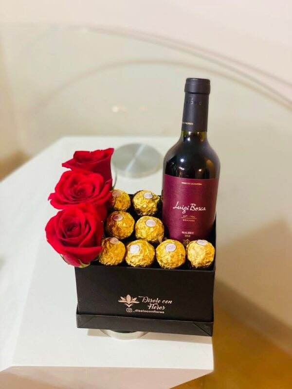 Box Luigi Bosca Malbec + Bombones + Rosas