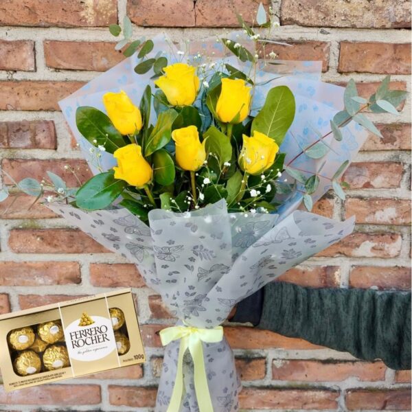 6 Rosas Amarillas Importadas + Ferrero Rocher ( 8 u)