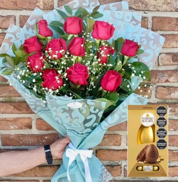 Ramo de 12 Rosas Rojas + Estuche Ferrero Rocher "
