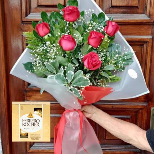 Ramo de 6 Rosas Rojas Importadas + Ferrero Rocher ( 4 u )