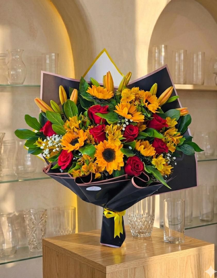 Ramo de Diseño - Girasoles, Rosas, Liliums y Astromelias