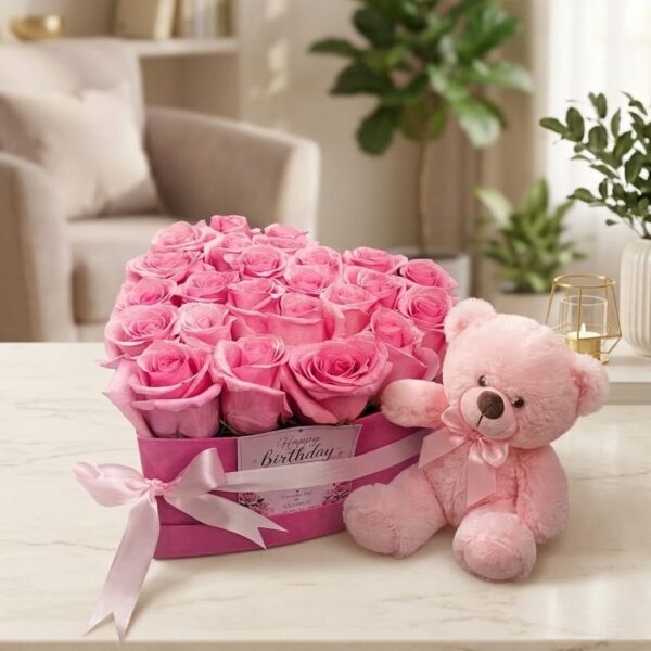 Corazon de 24 Rosas Rosadas Importadas + Peluche
